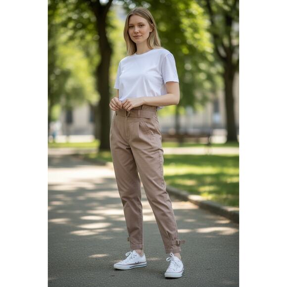 GUESS Women’s High Waist Belted Paperbag Pants Buckled Cuffs Size 2 in Dust Pink - Picture 1 of 11